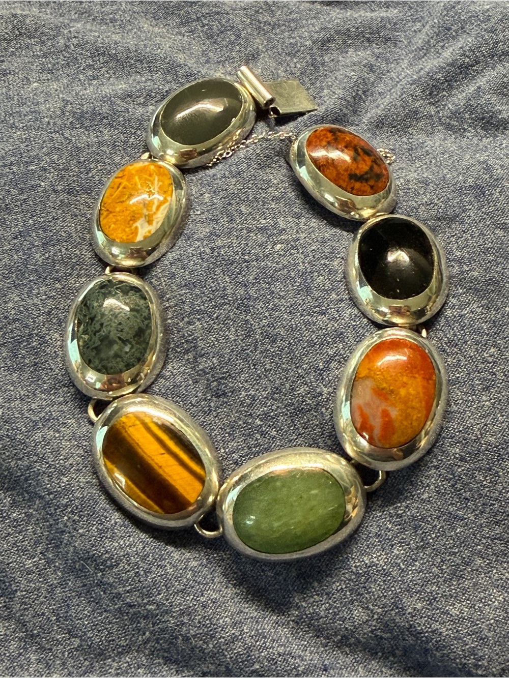 Vintage 1950s Taxco Mexico 925 Sterling Silver Multi Gemstone Link Bracelet - Picture 1 of 15